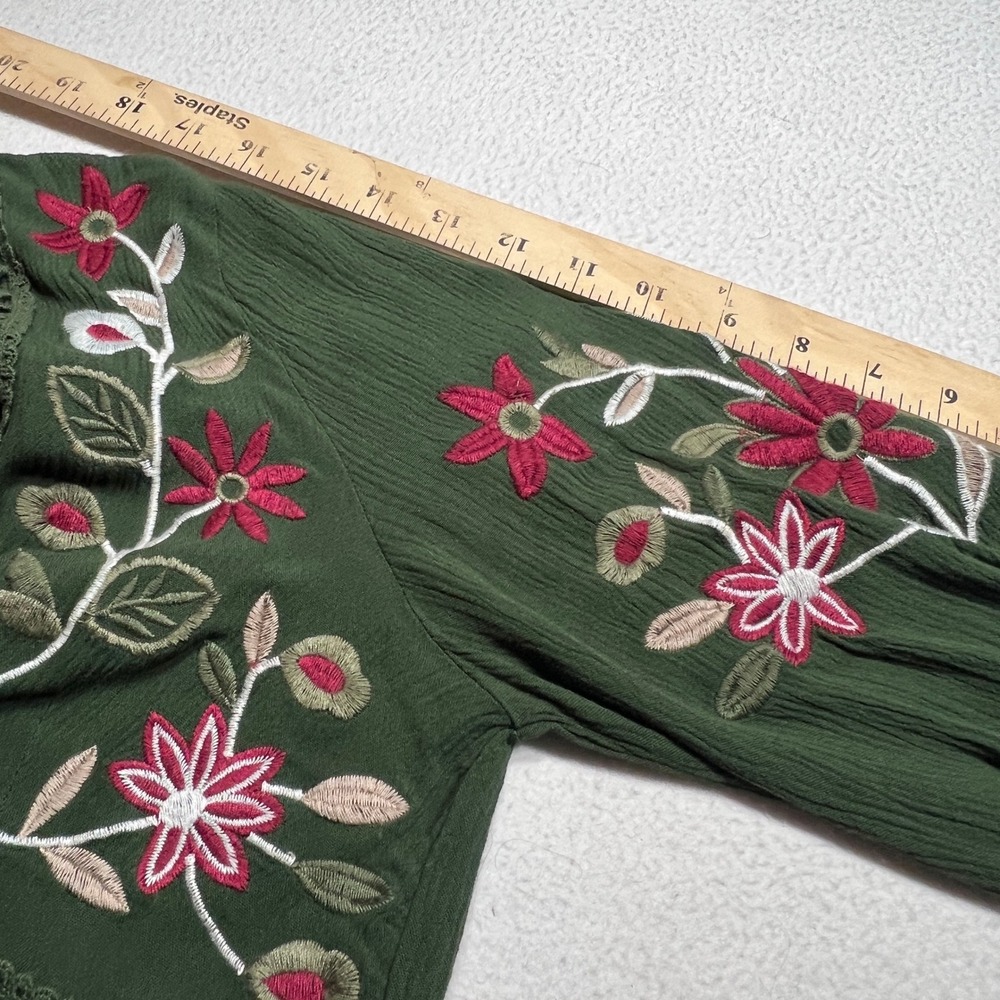 Mi Ami Dress Women Small Green Floral Embroidered Boho Mini Tiered Peasant Flowy - Picture 8 of 10